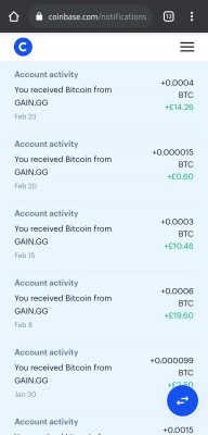 Example withdrawals from gain.gg to coinbase